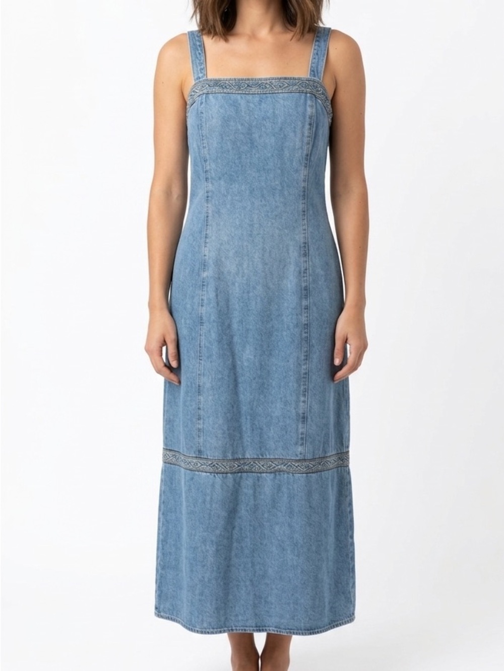 SKETCHES Vintage Sleeveless Denim Maxi Jean Dress Paisley Embellishment Size 12